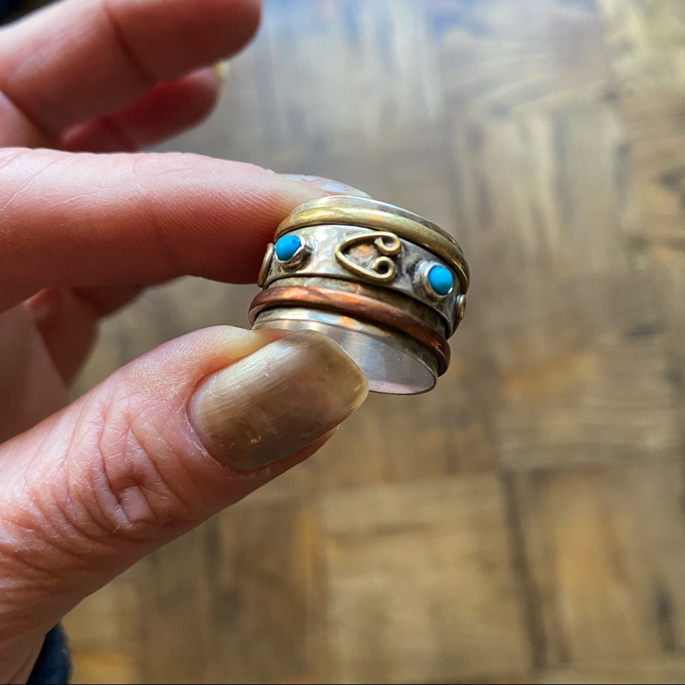 Turquoise Silver Gold Rose Ring Unisex